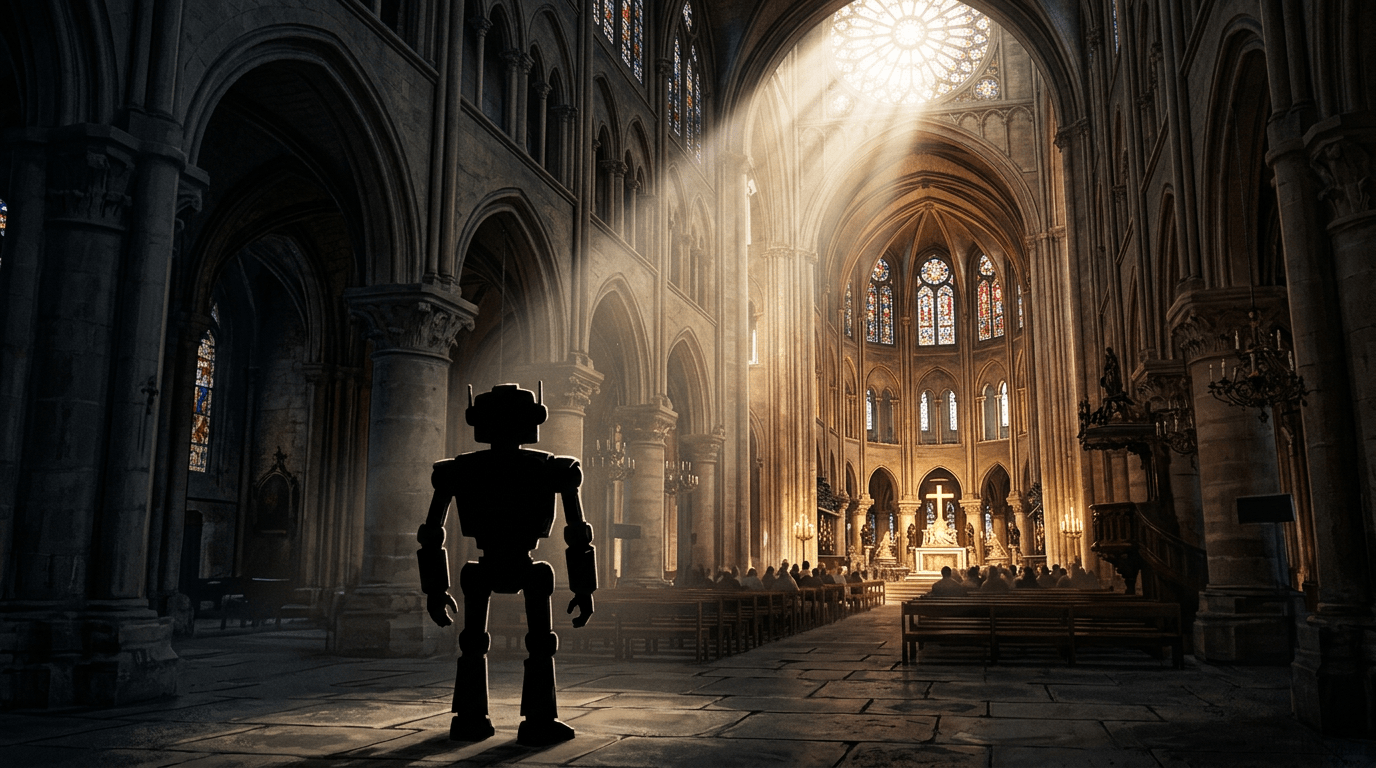 Silhouetted robot inside a large cathedral with sunlight streaming through stained glass windows