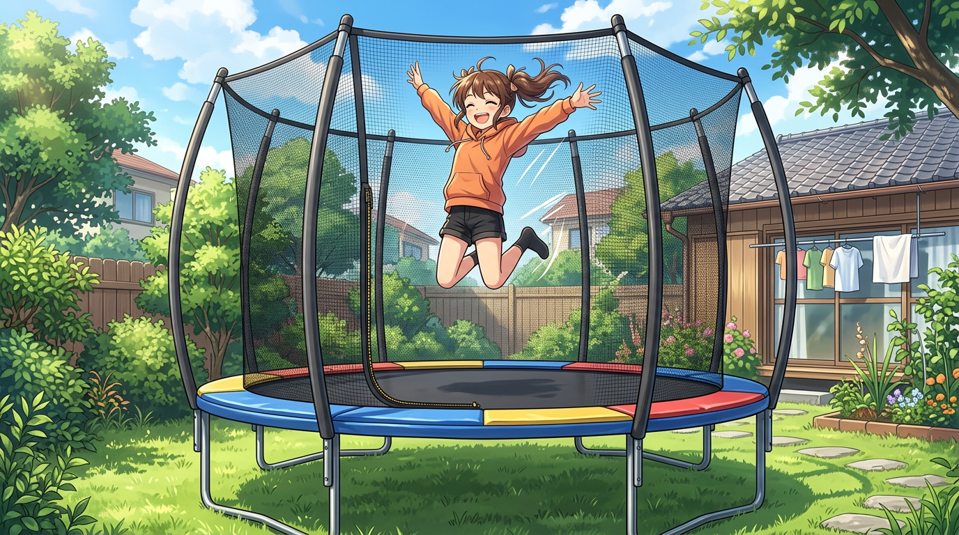 A girl in an orange hoodie and black shorts jumping on a trampoline with safety net in a sunny backyard
