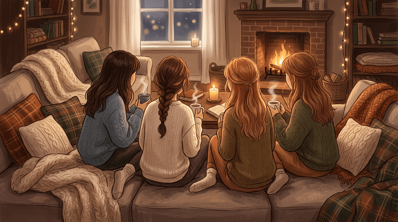 Four people sitting on a couch holding mugs, facing a fireplace with a lit fire and candles