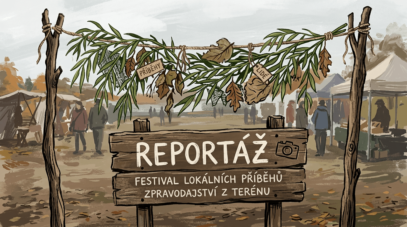 Wooden sign with text 'Reportáž Festival lokálních příběhů zpravodajství z terénu' hanging between two poles with leaves