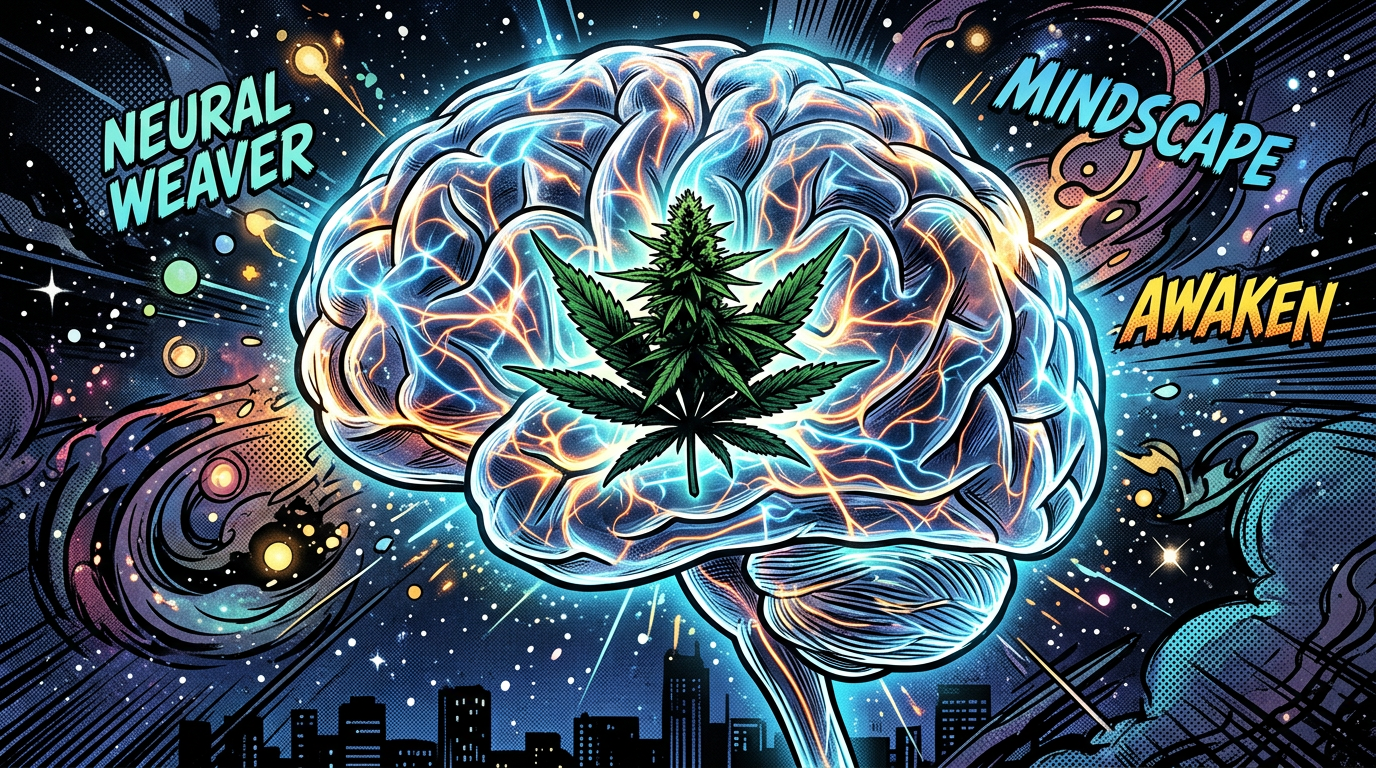 Illustrated glowing brain with cannabis leaf at center and words neural weaver, mindscape, awaken