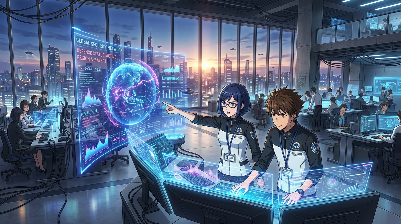 Two security analysts using holographic displays to monitor global data in a futuristic command center