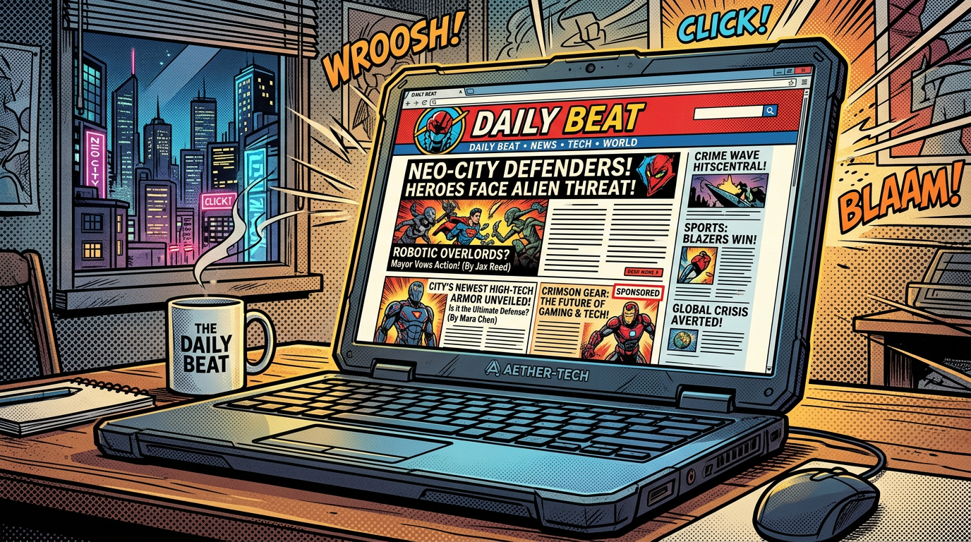 Laptop showing a superhero-themed news website with headlines about alien threats and high-tech armor.