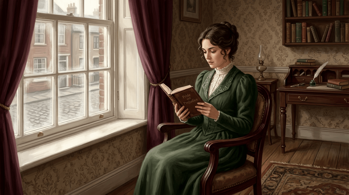 Woman in Victorian dress reading 'Pride and Prejudice' in a vintage room