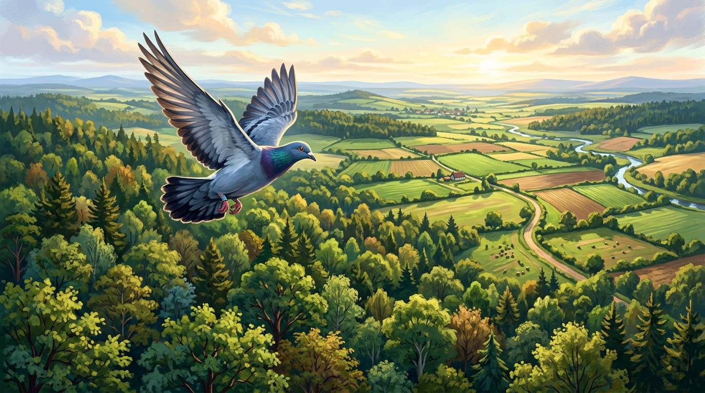 Pigeon in flight above green forest and patchwork farmland with a winding river