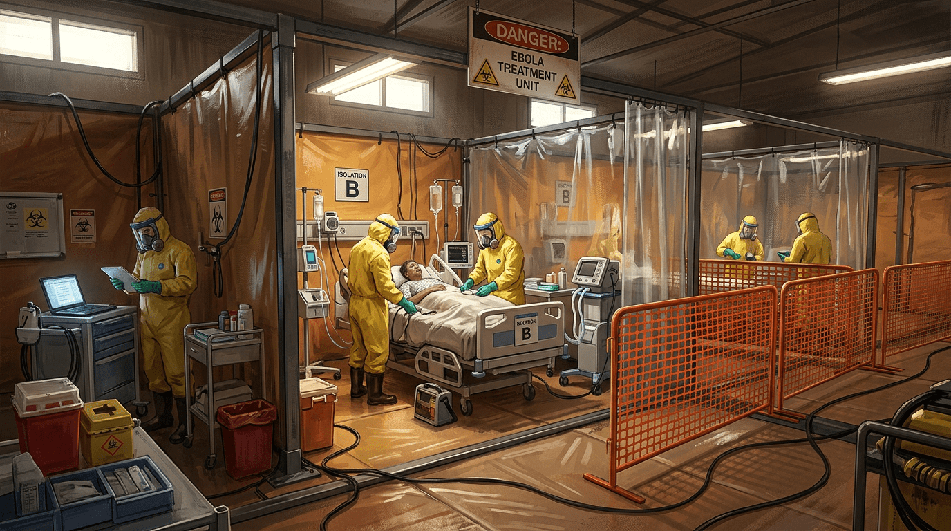 Healthcare workers wearing yellow protective suits treat a patient in an Ebola isolation unit with medical equipment around.