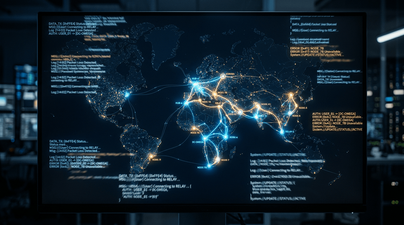 World map showing global network nodes and connections with status messages