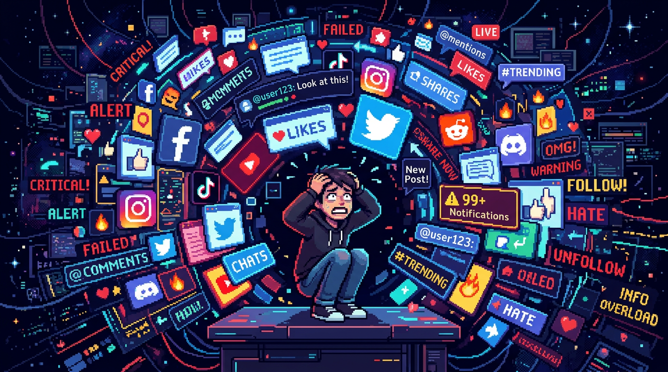 Person crouched distressed surrounded by social media notifications and icons