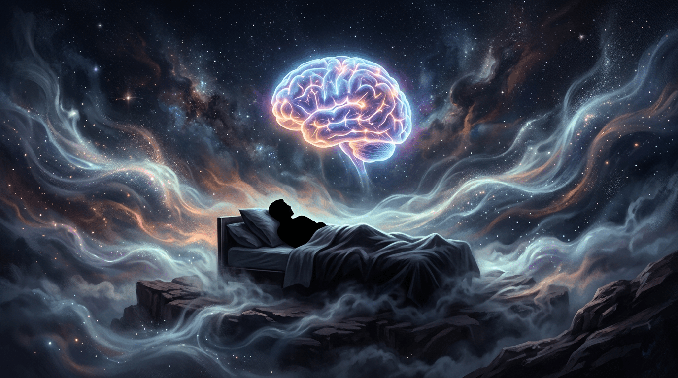 Silhouette of a person sleeping in bed with a glowing brain and cosmic mist around them