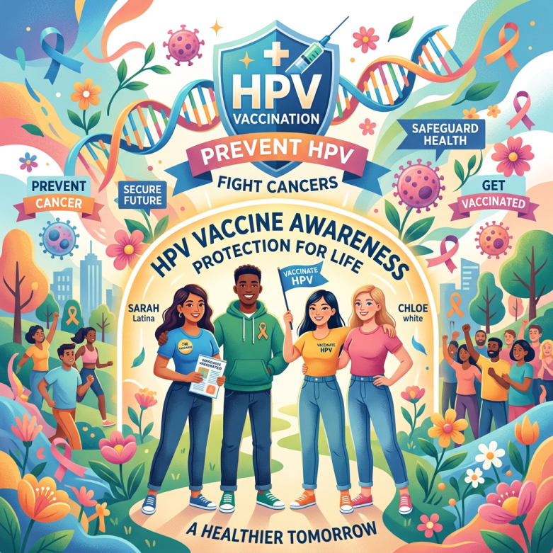 Four diverse young adults promoting HPV vaccination and cancer prevention with supportive crowd and health symbols.