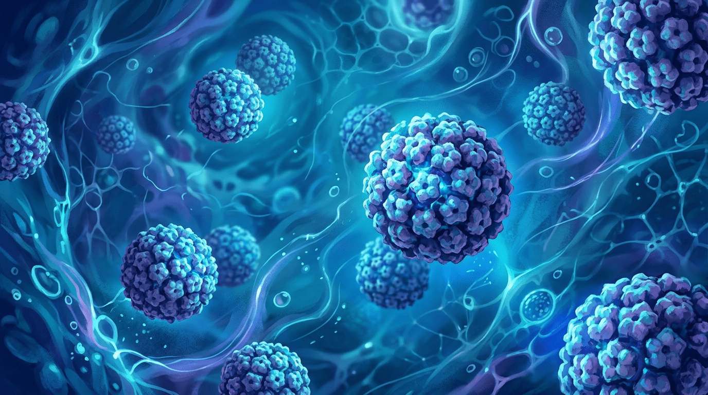 Blue spherical viral particles with textured surface floating in a fluid-like environment