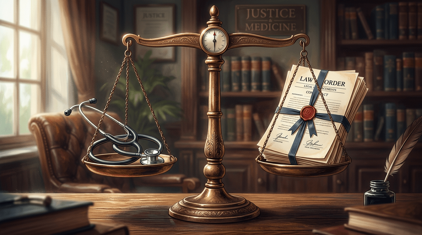 A brass balance scale with a stethoscope on one side and bundled legal papers on the other