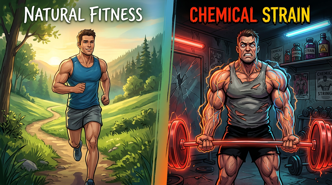 Left side shows a man jogging outdoors with natural fitness; right side shows a muscular man straining with chemical supplements indoors.