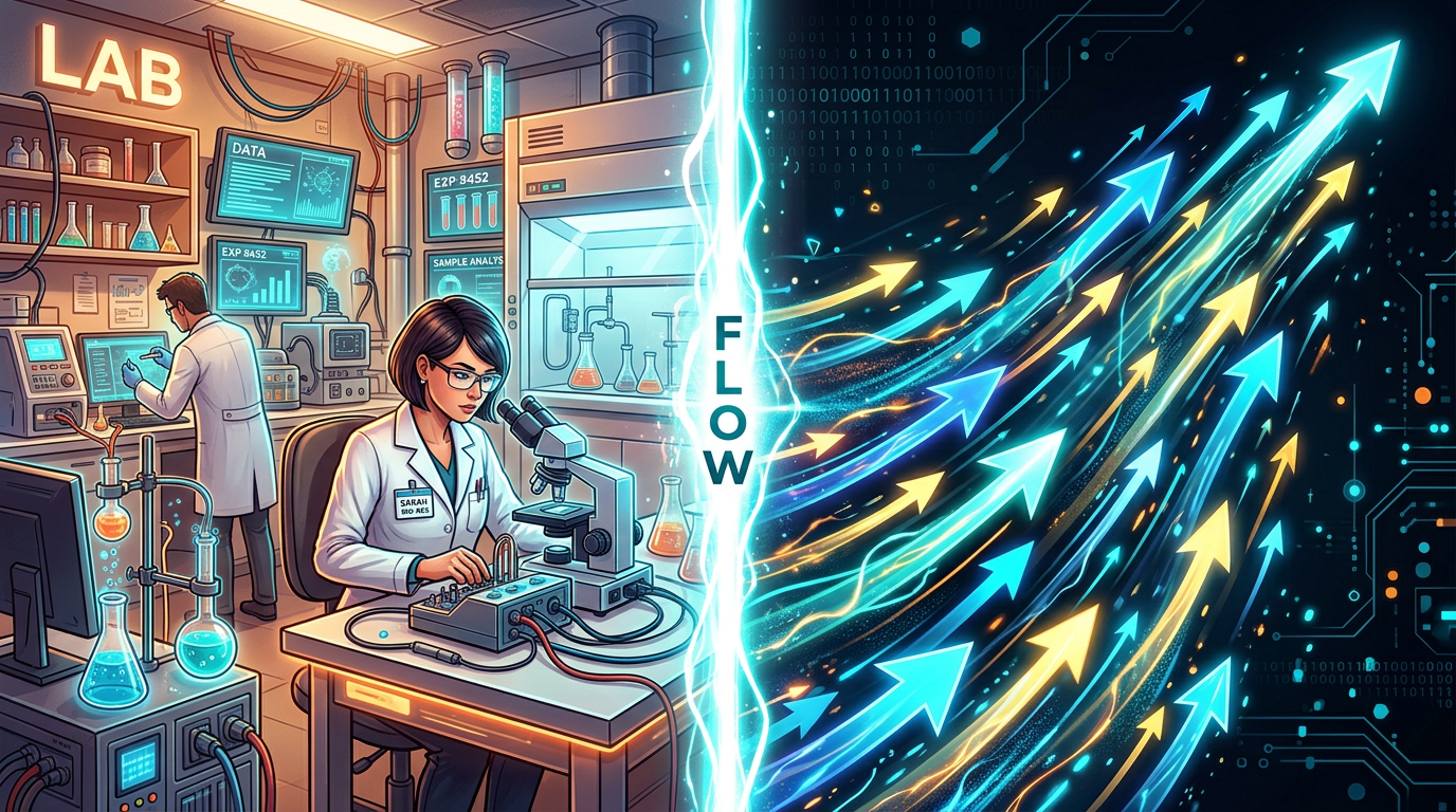Scientists working in a lab with equipment and digital data flow represented by blue and yellow arrows