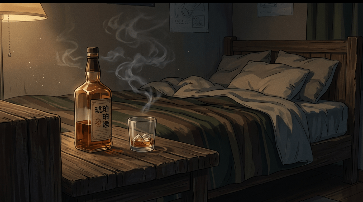 Glass of whiskey with ice and rising smoke next to a whiskey bottle on a wooden bedside table in a warmly lit bedroom